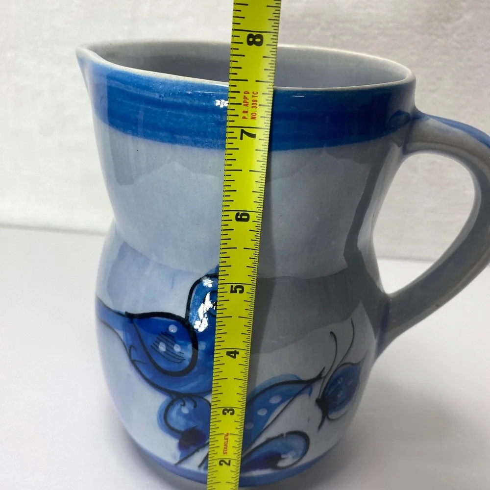 VTG Hand Painted Signed Tonala Mexican Folk Art Ceramic Pitcher Vase Blue Floral